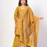 Fawn Yellow Printed Silk Kurta Set with Embroidered Work and Dupatta - Anvi Couture