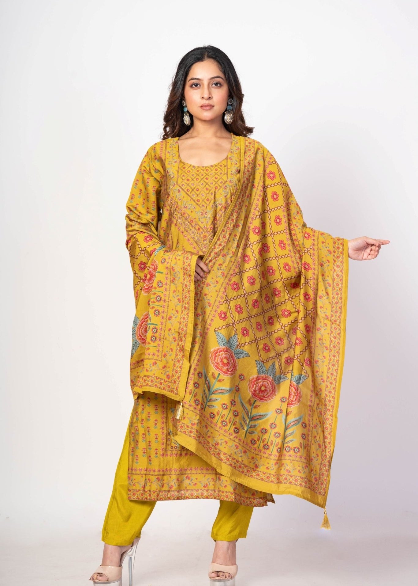 Fawn Yellow Printed Silk Kurta Set with Embroidered Work and Dupatta - Anvi Couture