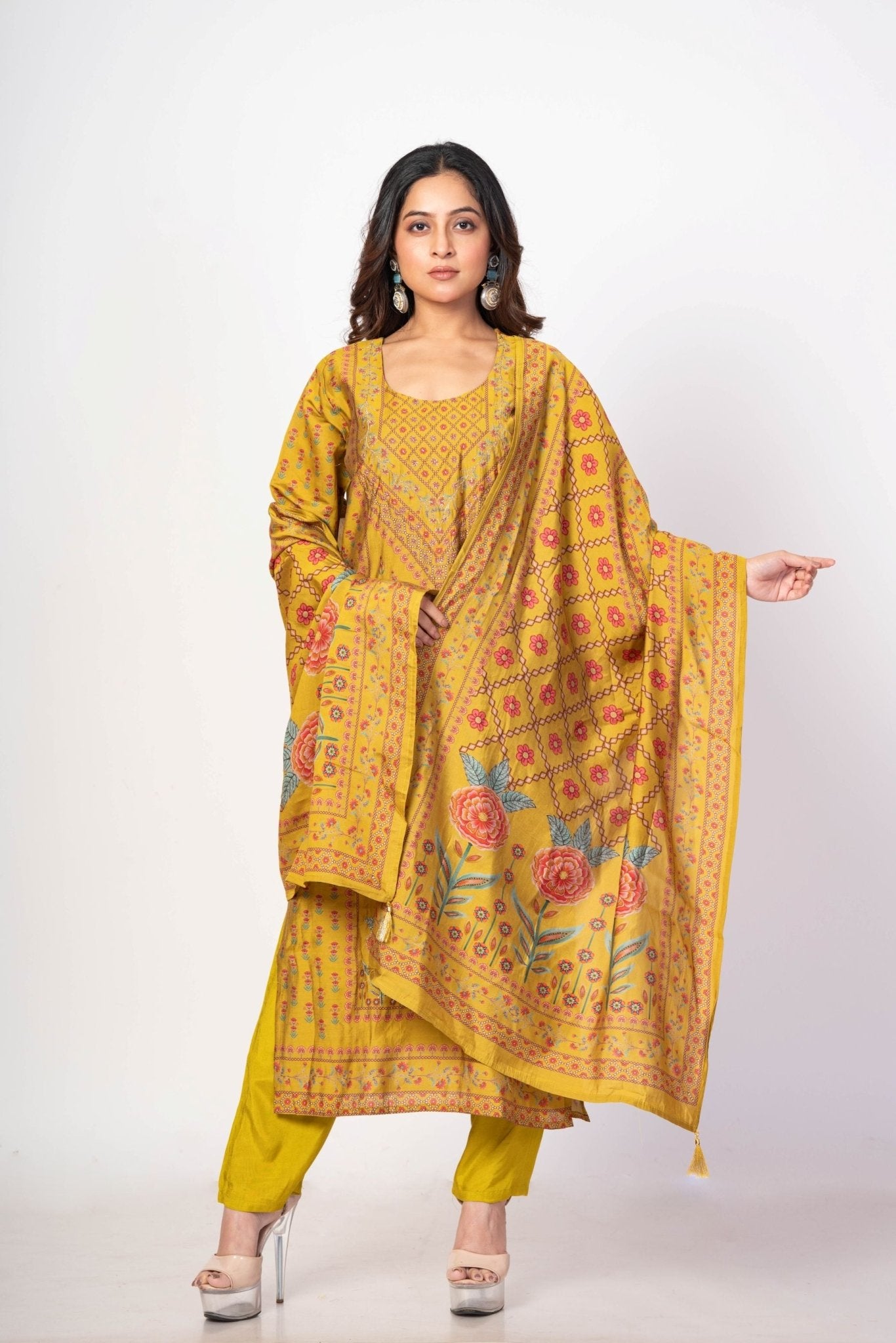 Fawn Yellow Printed Silk Kurta Set with Embroidered Work and Dupatta - Anvi Couture