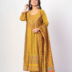 Fawn Yellow Printed Silk Kurta Set with Embroidered Work and Dupatta - Anvi Couture