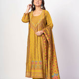 Fawn Yellow Printed Silk Kurta Set with Embroidered Work and Dupatta - Anvi Couture