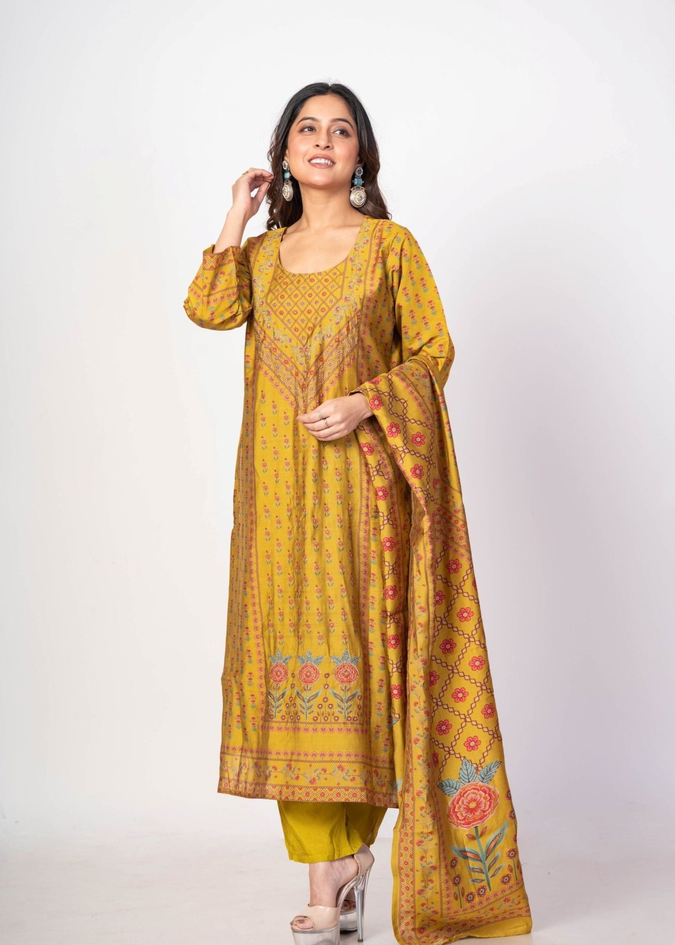 Fawn Yellow Printed Silk Kurta Set with Embroidered Work and Dupatta - Anvi Couture