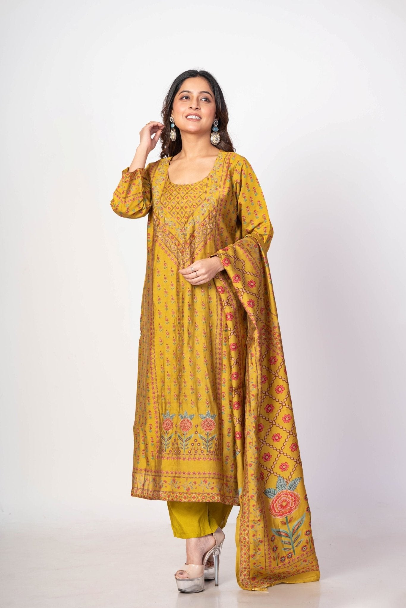 Fawn Yellow Printed Silk Kurta Set with Embroidered Work and Dupatta - Anvi Couture