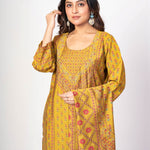 Fawn Yellow Printed Silk Kurta Set with Embroidered Work and Dupatta - Anvi Couture