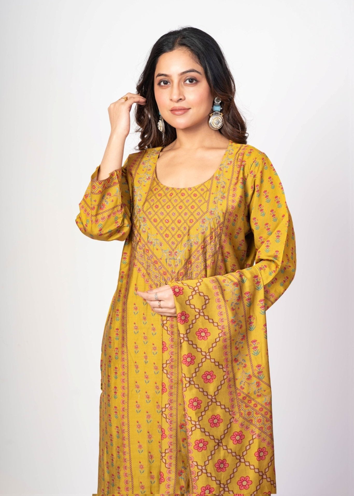 Fawn Yellow Printed Silk Kurta Set with Embroidered Work and Dupatta - Anvi Couture