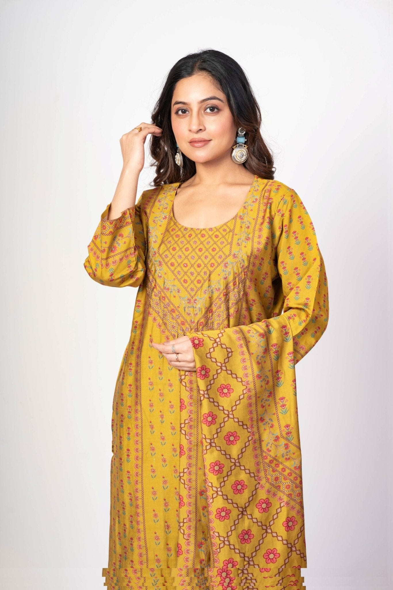 Fawn Yellow Printed Silk Kurta Set with Embroidered Work and Dupatta - Anvi Couture