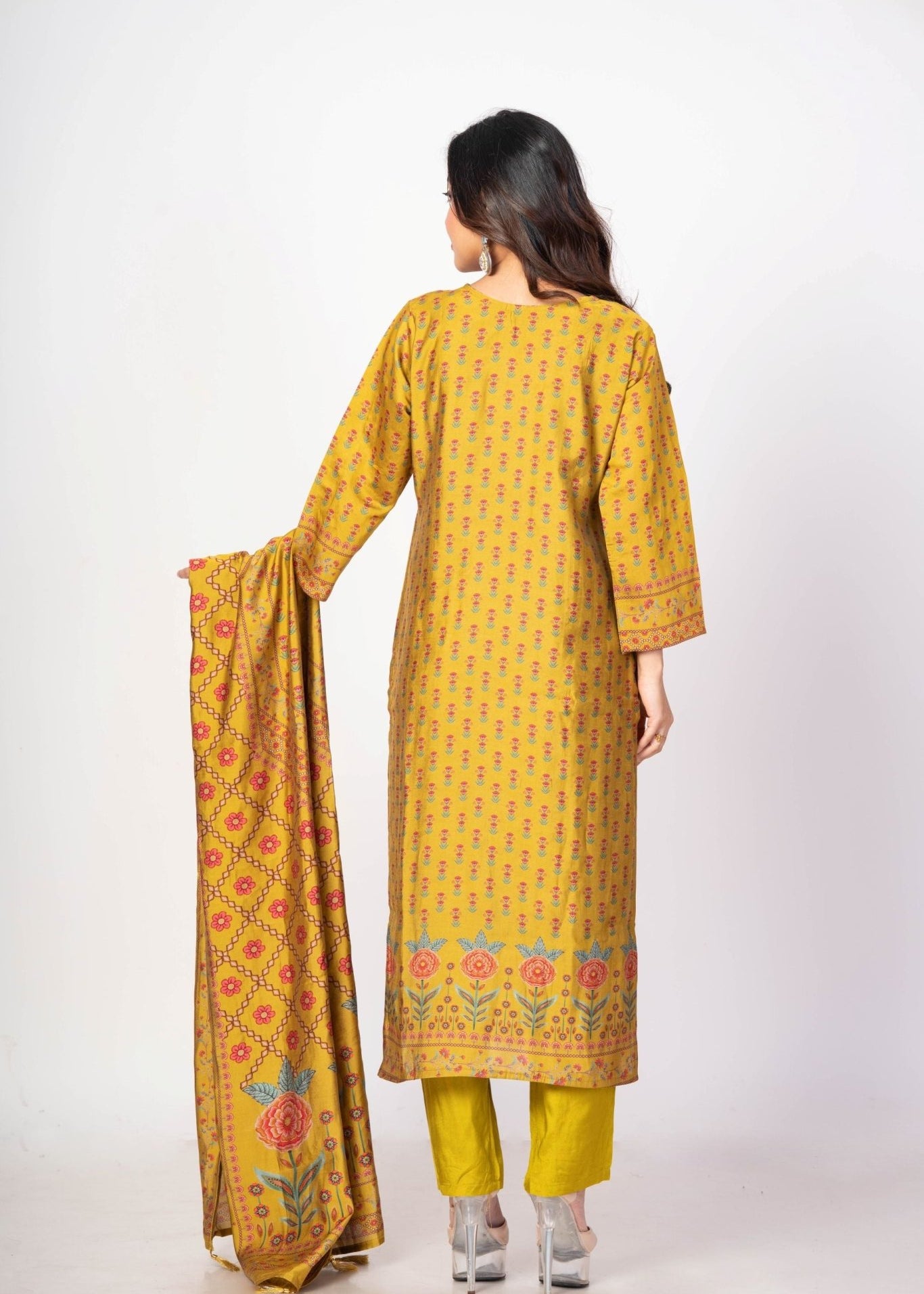 Fawn Yellow Printed Silk Kurta Set with Embroidered Work and Dupatta - Anvi Couture