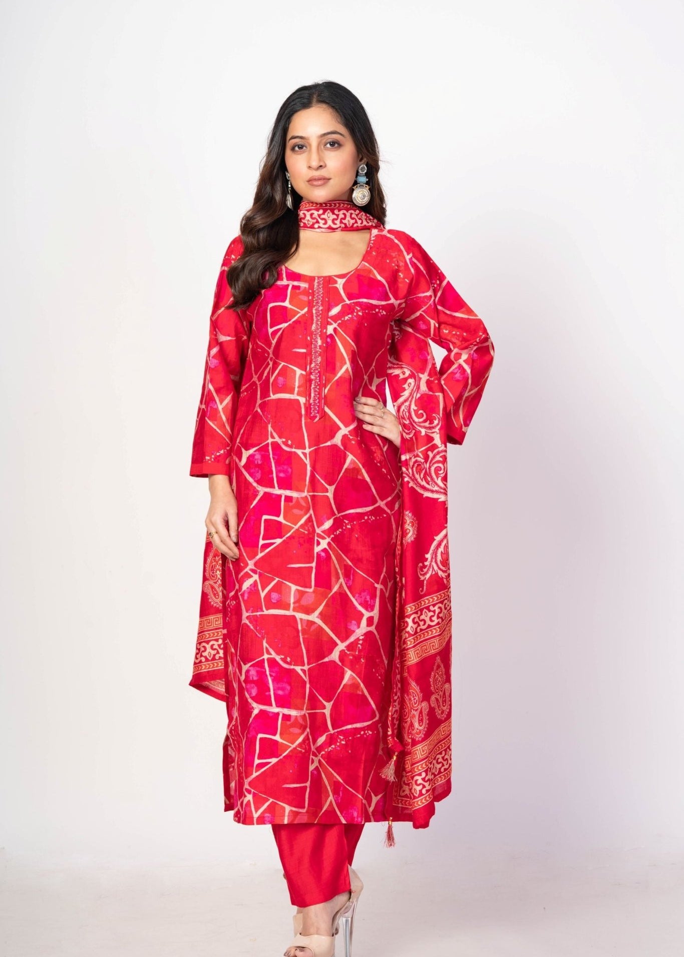 Pink and White Kurta Set with Printed Dupatta - Anvi Couture