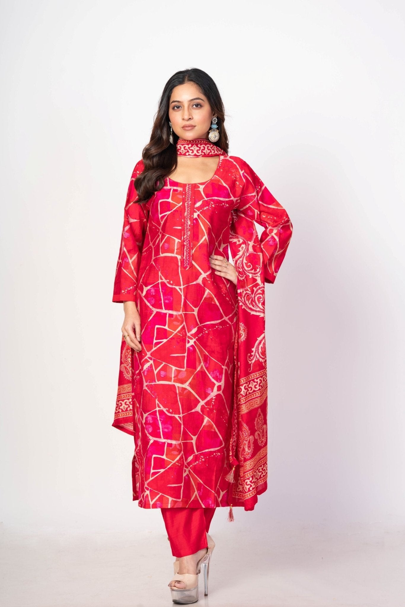 Pink and White Kurta Set with Printed Dupatta - Anvi Couture