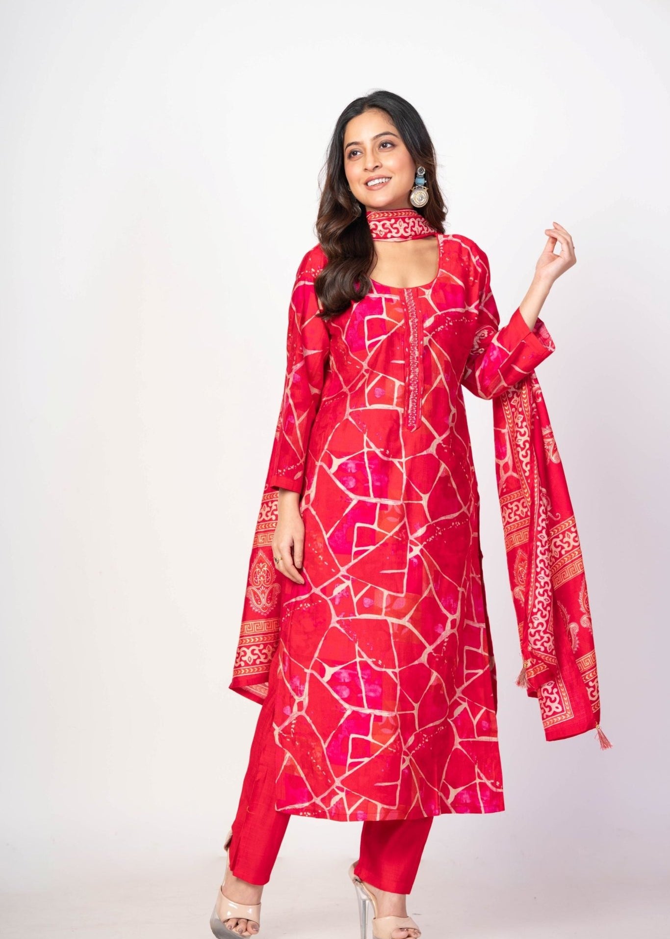 Pink and White Kurta Set with Printed Dupatta - Anvi Couture