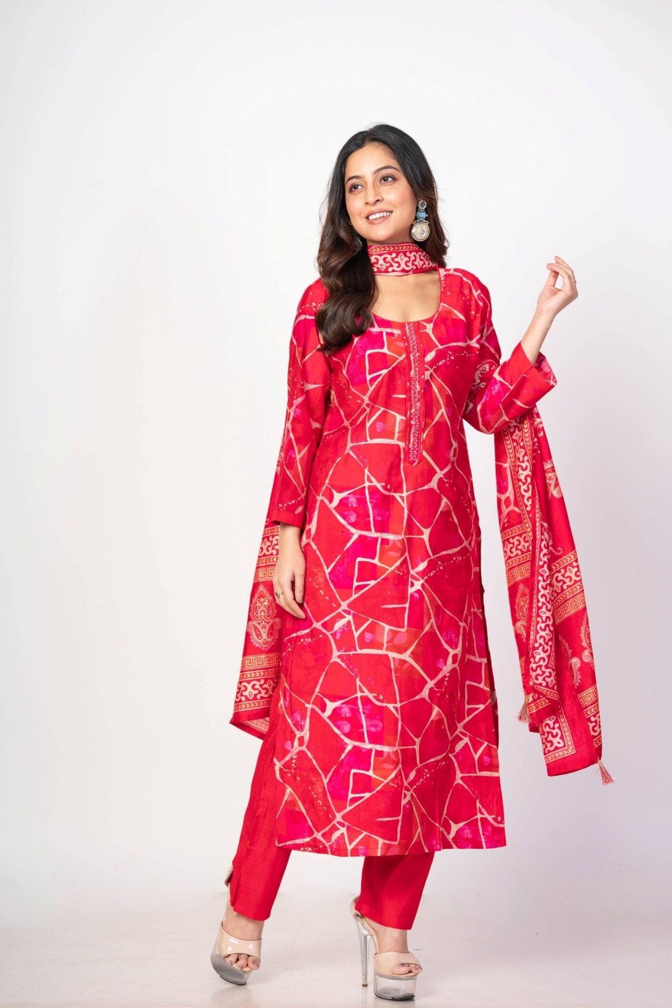 Pink and White Kurta Set with Printed Dupatta - Anvi Couture
