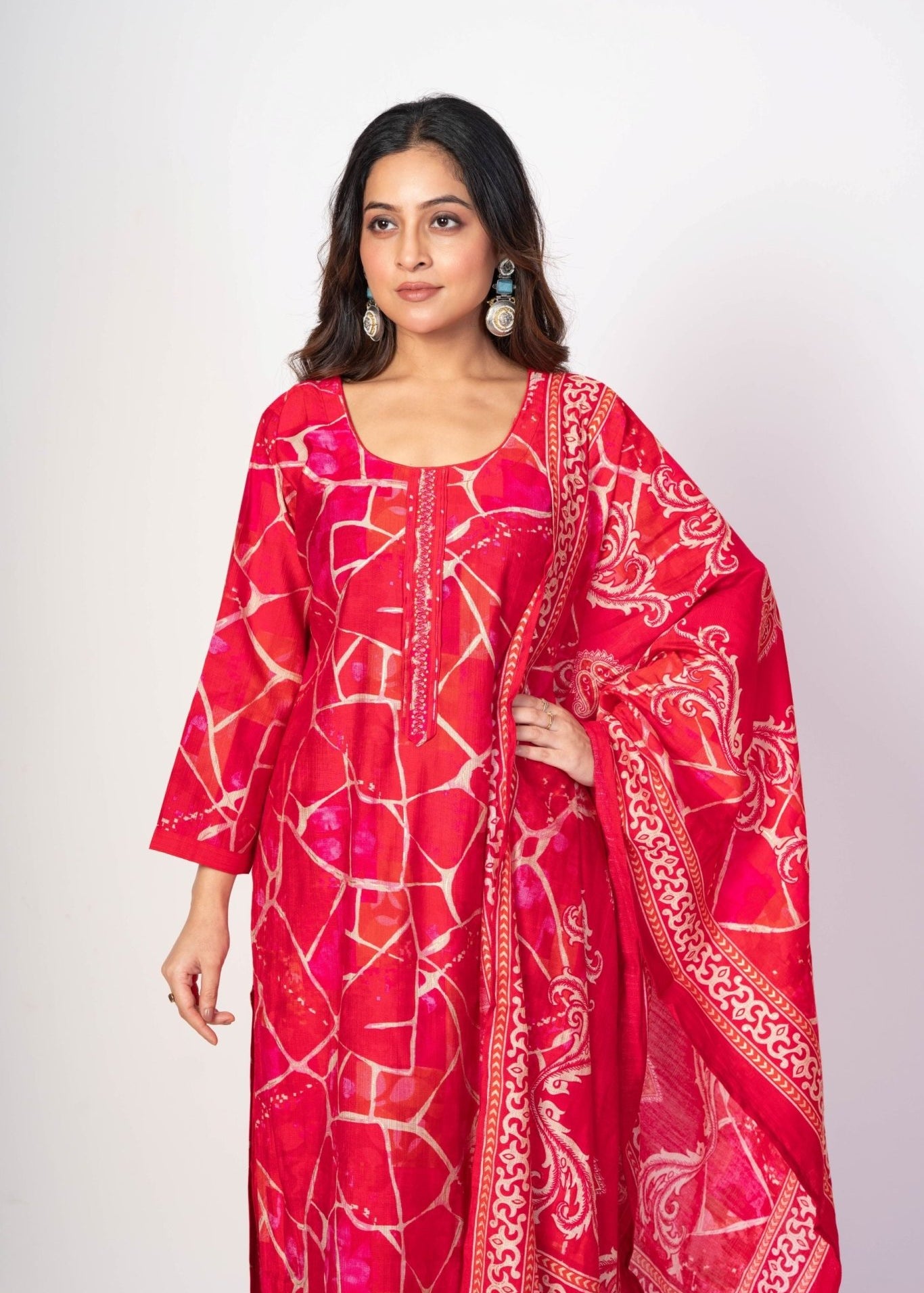 Pink and White Kurta Set with Printed Dupatta - Anvi Couture