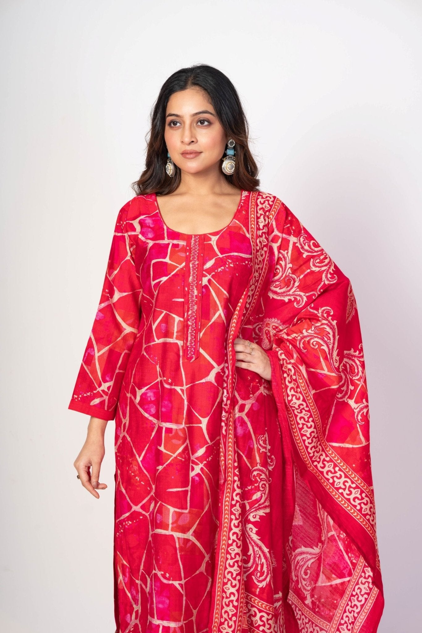 Pink and White Kurta Set with Printed Dupatta - Anvi Couture