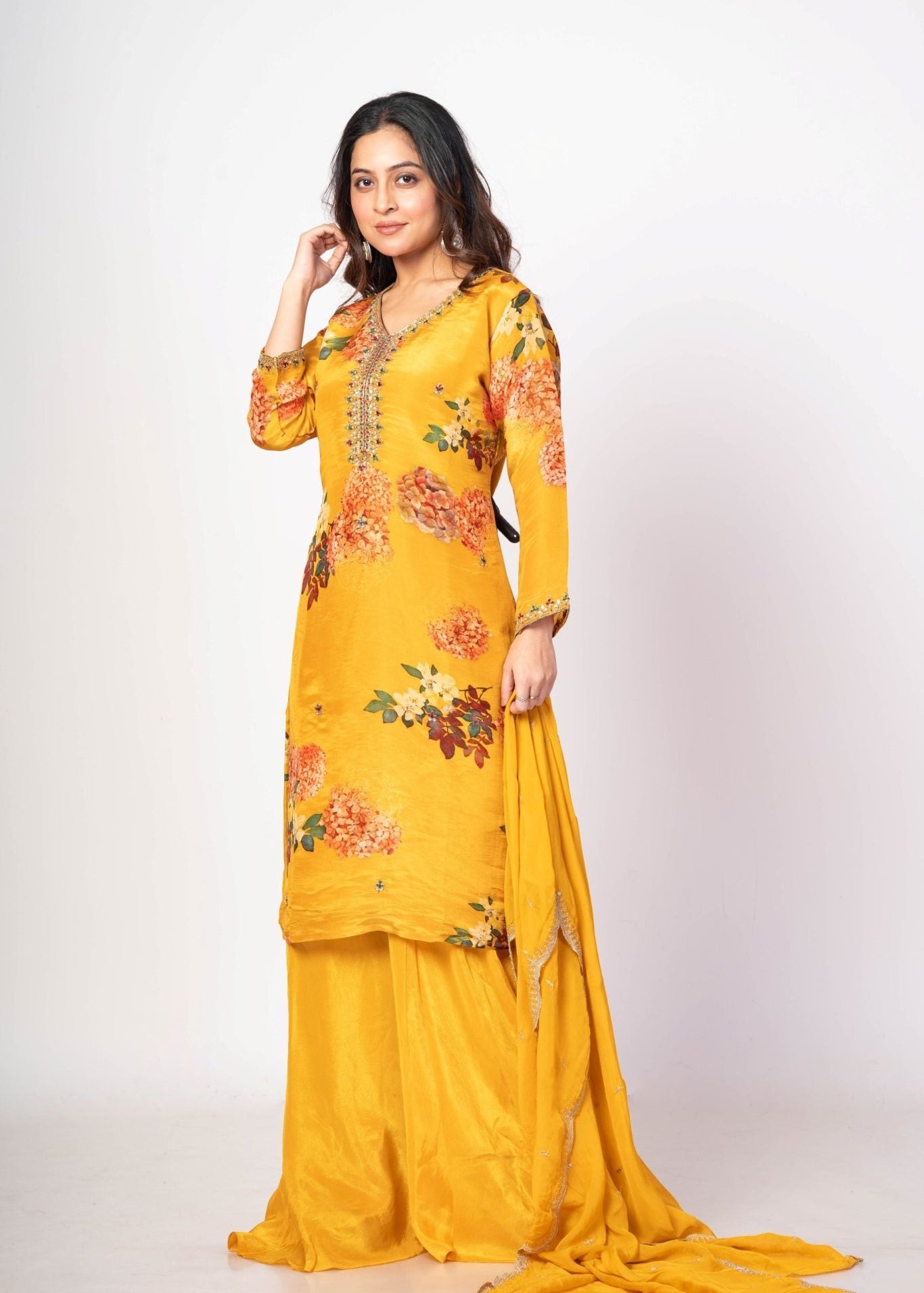 Yellow Floral Printed Sharara Set with Zardozi Work - Anvi Couture