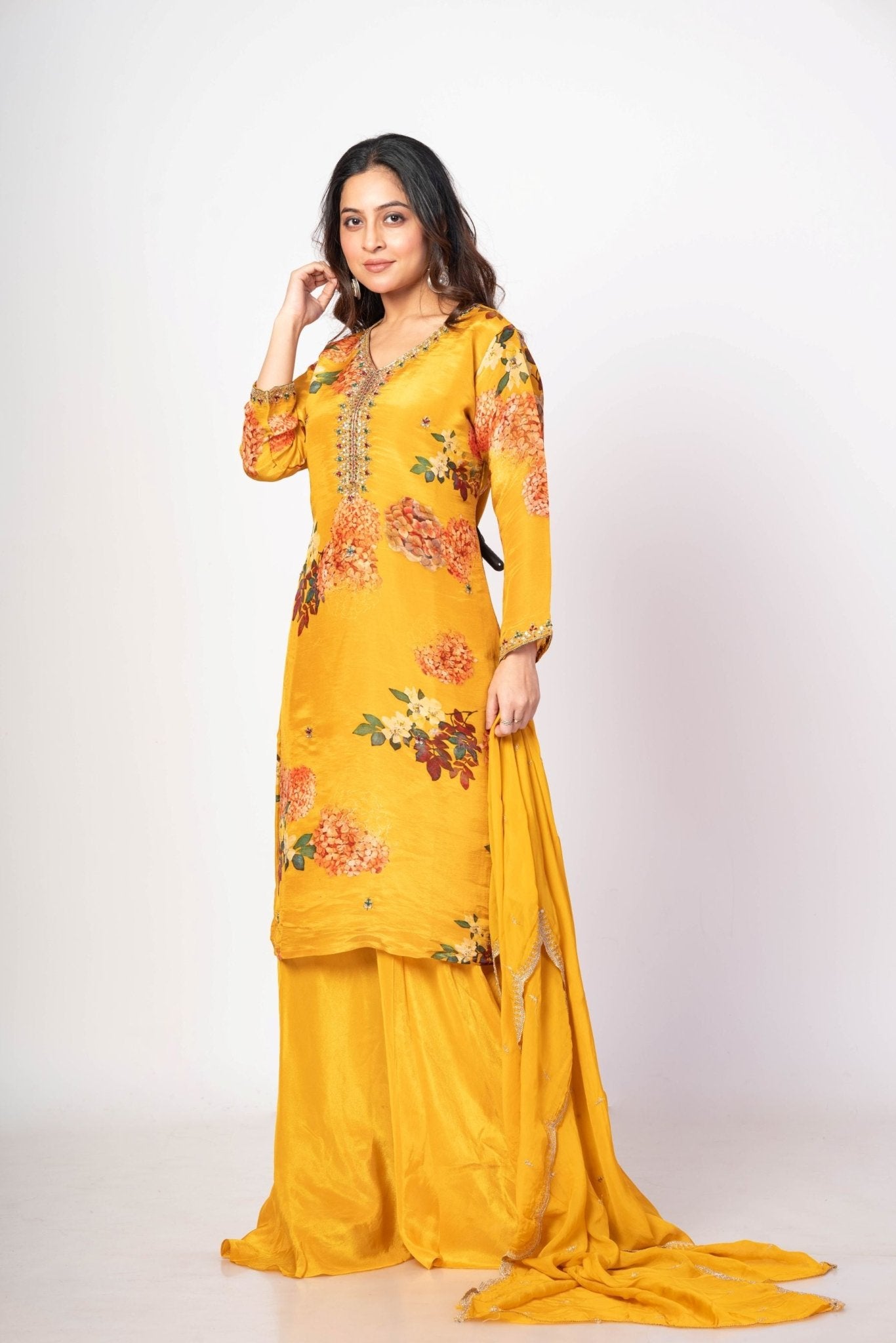 Yellow Floral Printed Sharara Set with Zardozi Work - Anvi Couture