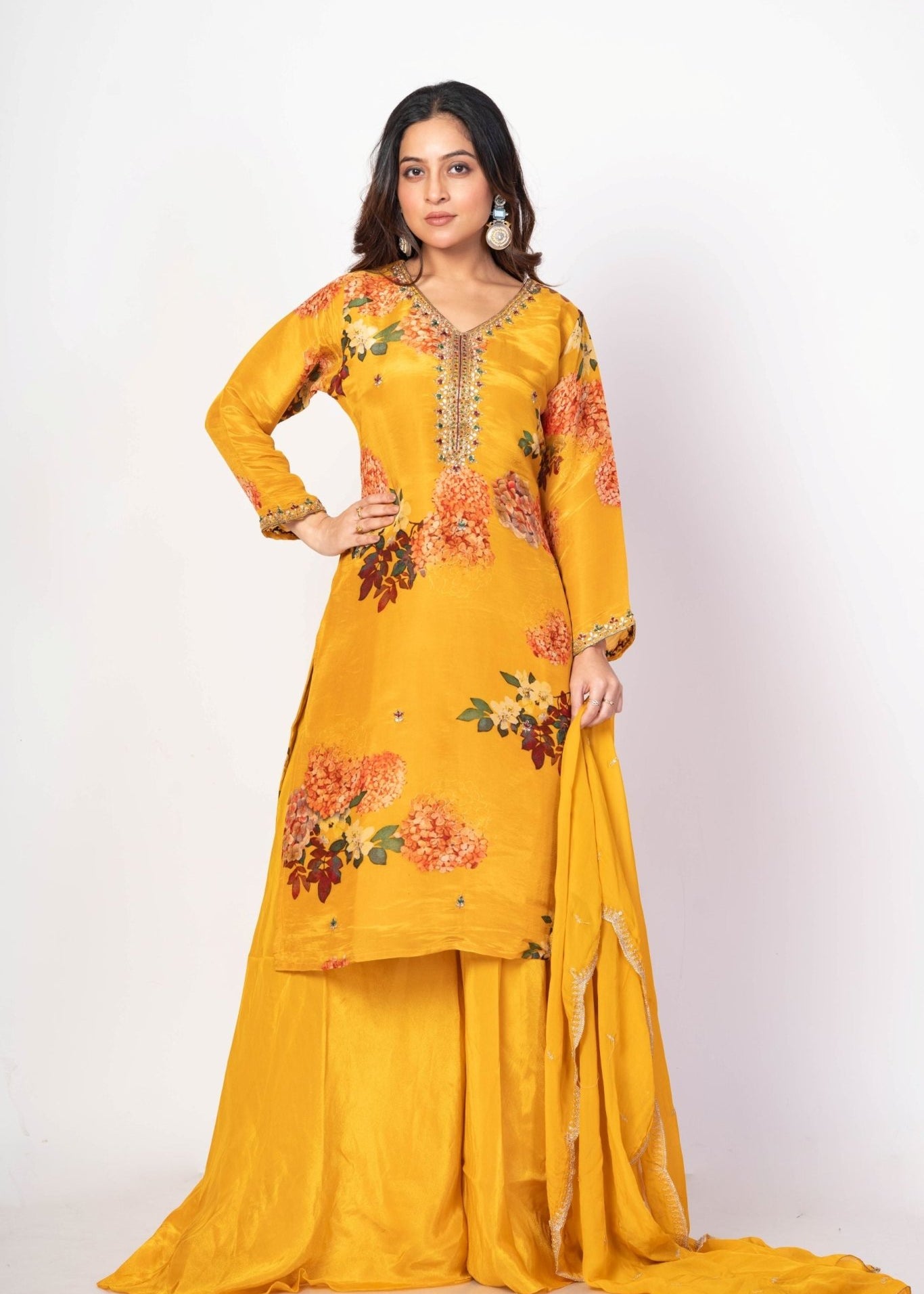 Yellow Floral Printed Sharara Set with Zardozi Work - Anvi Couture