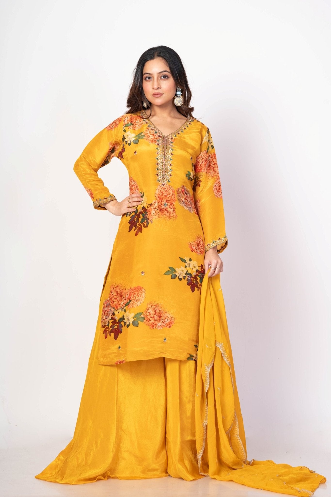 Yellow Floral Printed Sharara Set with Zardozi Work - Anvi Couture