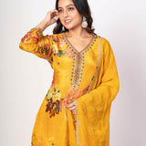 Yellow Floral Printed Sharara Set with Zardozi Work - Anvi Couture