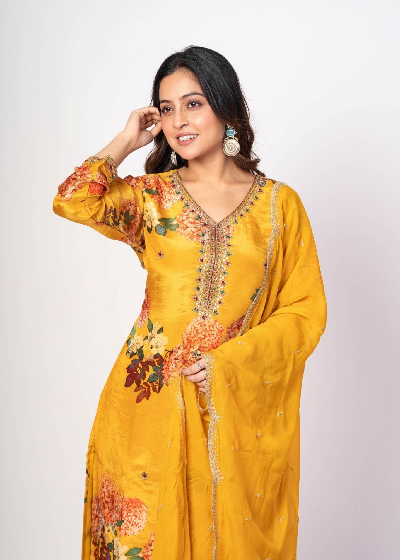 Yellow Floral Printed Sharara Set with Zardozi Work - Anvi Couture