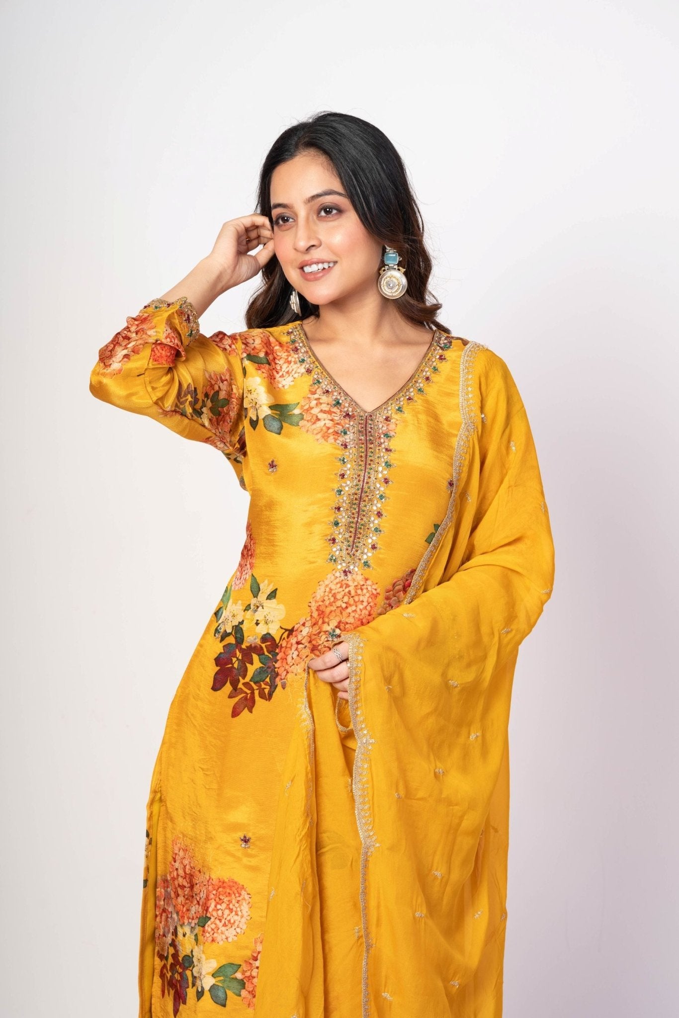 Yellow Floral Printed Sharara Set with Zardozi Work - Anvi Couture