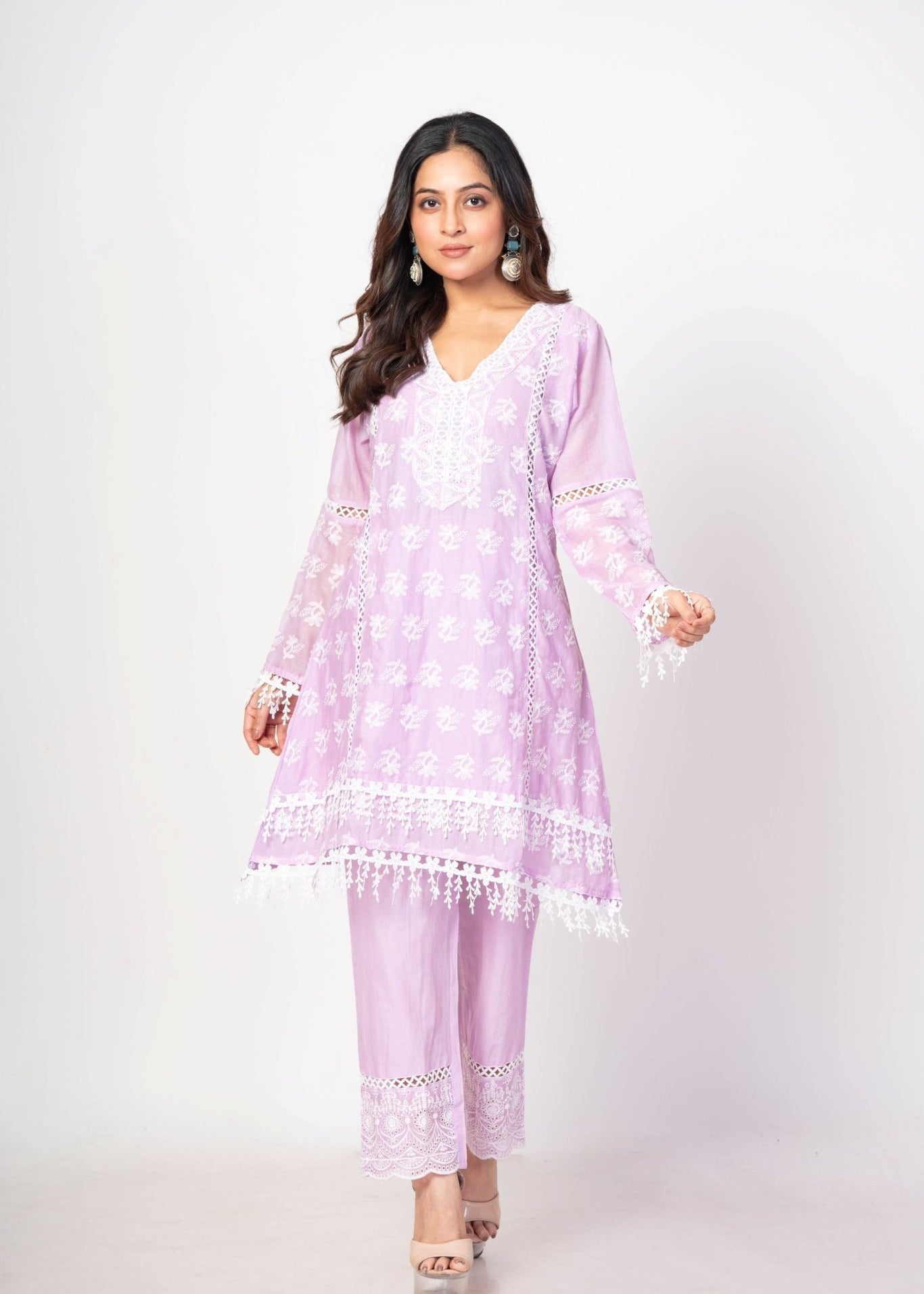 Lavender Co - ord Set with White Embroidered Thread Work - Anvi Couture
