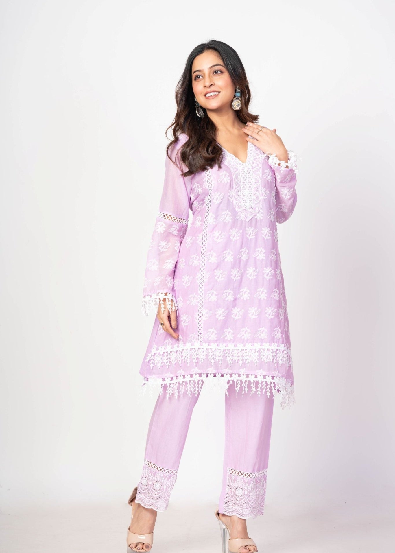 Lavender Co - ord Set with White Embroidered Thread Work - Anvi Couture
