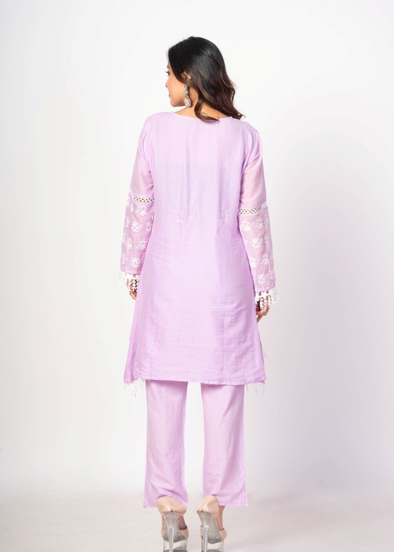Lavender Co - ord Set with White Embroidered Thread Work - Anvi Couture