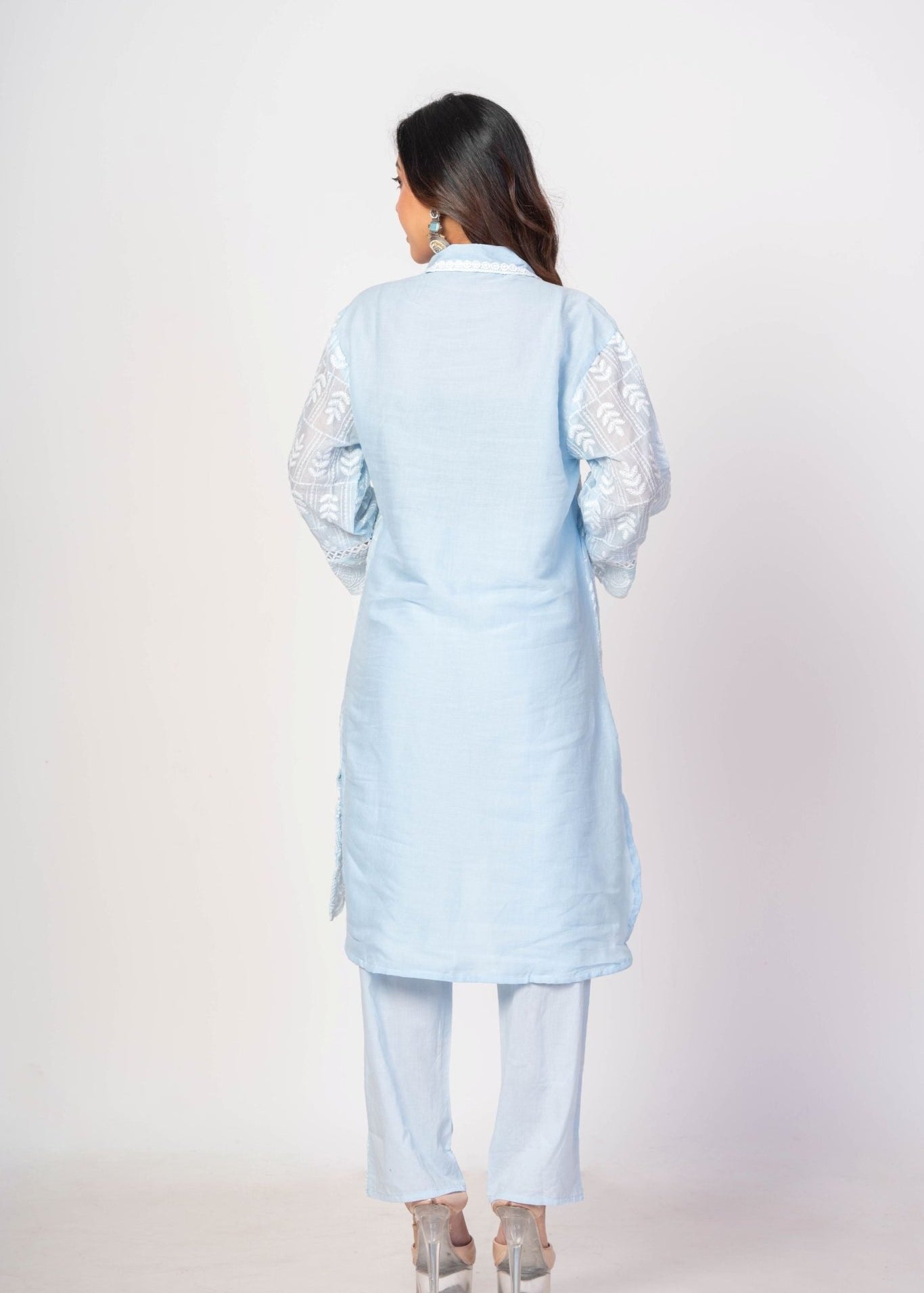 Light Blue Co - ord Set with White Thread Work - Anvi Couture