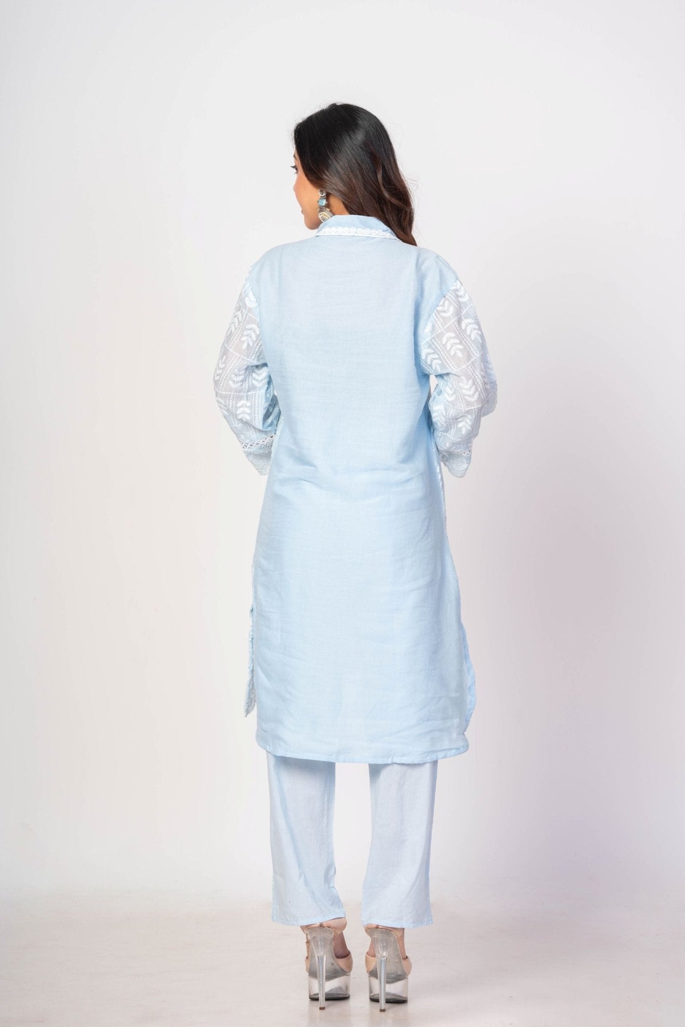 Light Blue Co - ord Set with White Thread Work - Anvi Couture