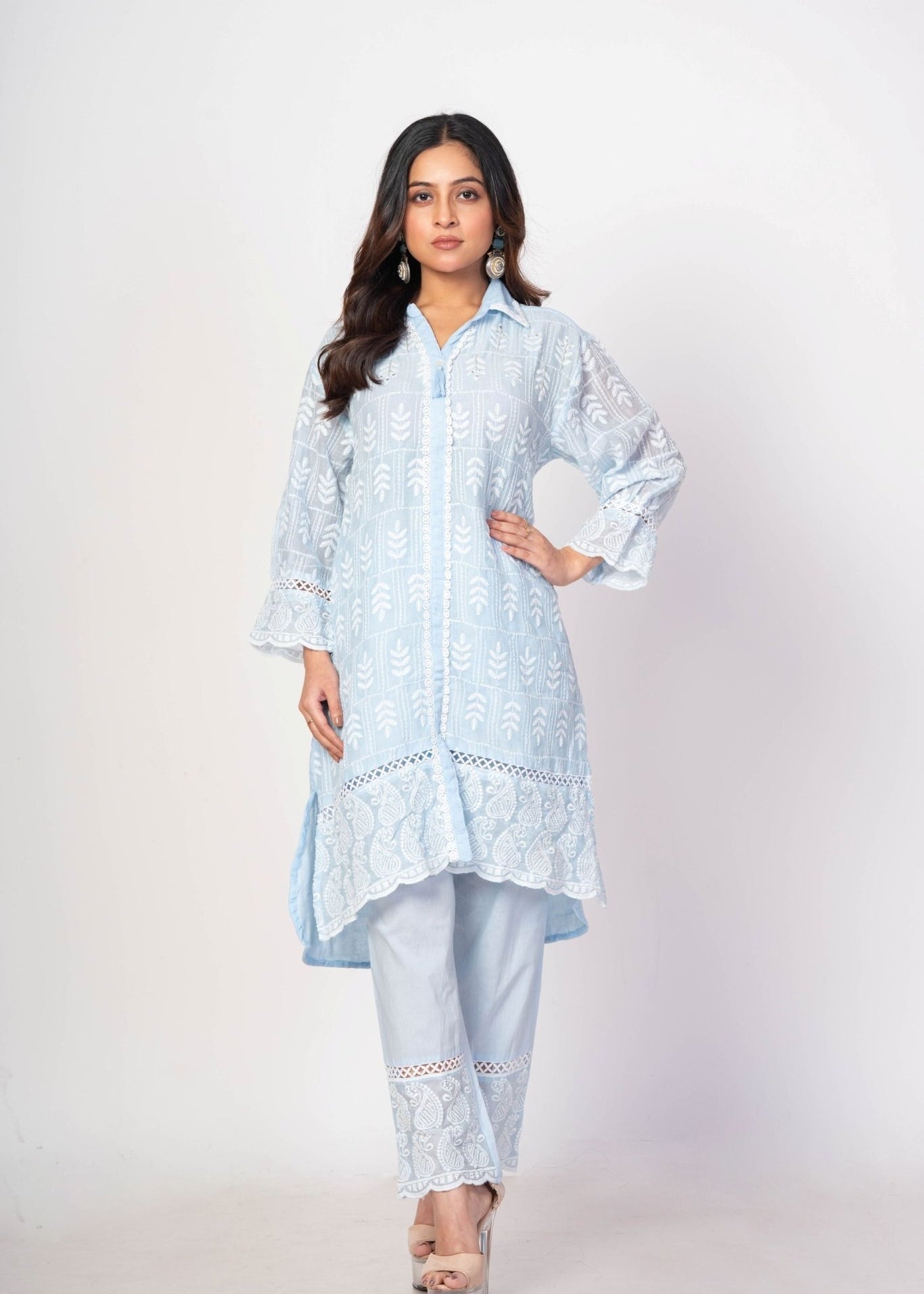 Light Blue Co - ord Set with White Thread Work - Anvi Couture