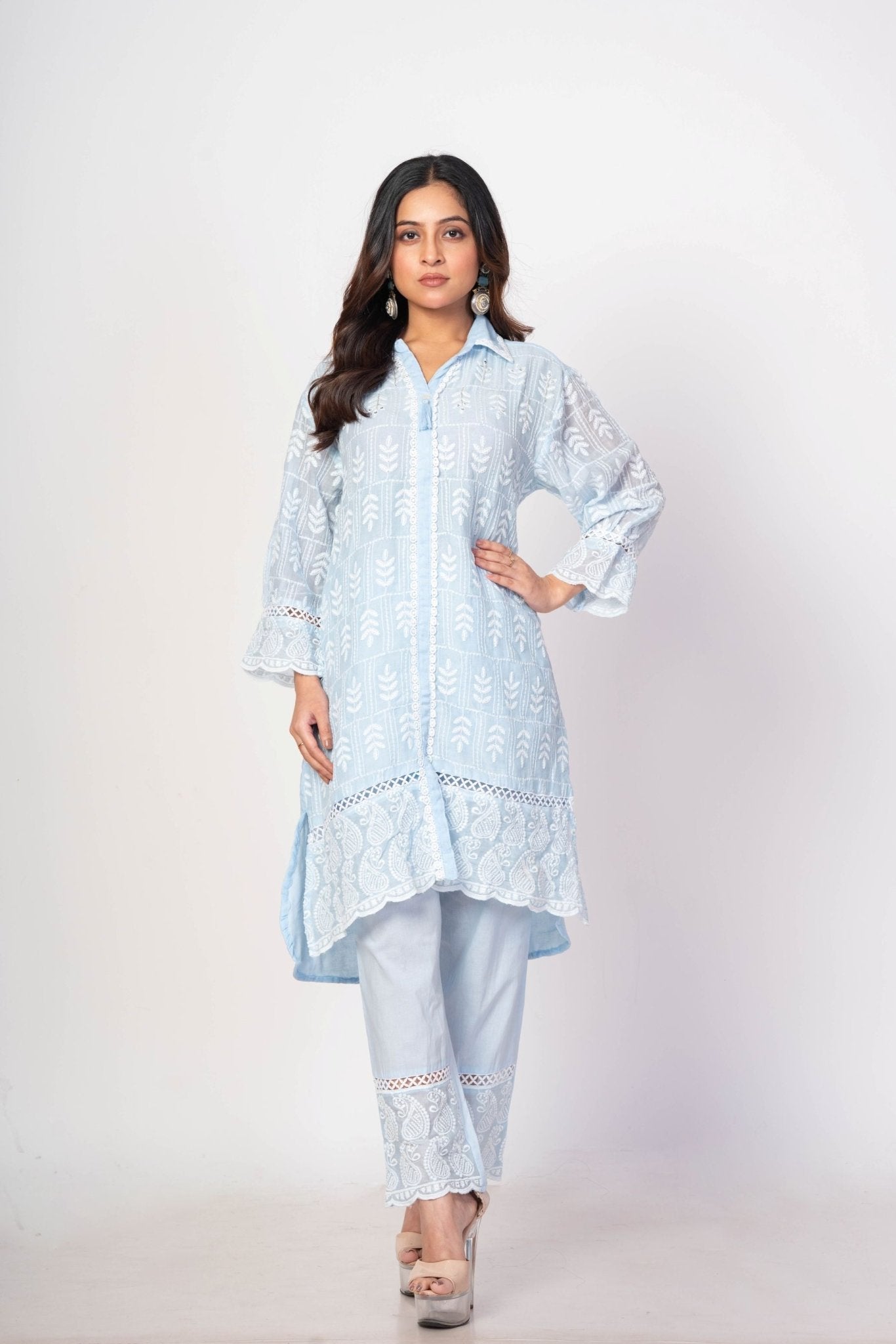 Light Blue Co - ord Set with White Thread Work - Anvi Couture