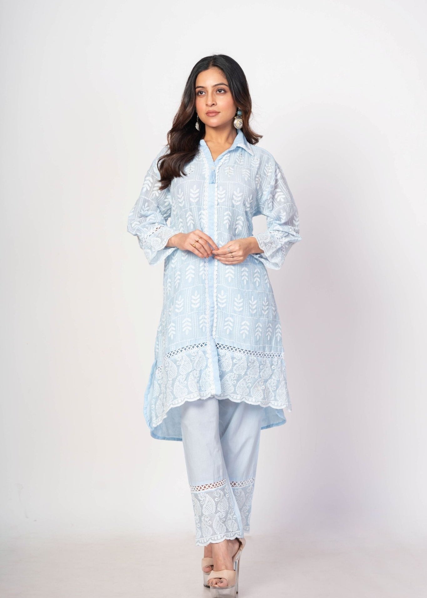 Light Blue Co - ord Set with White Thread Work - Anvi Couture