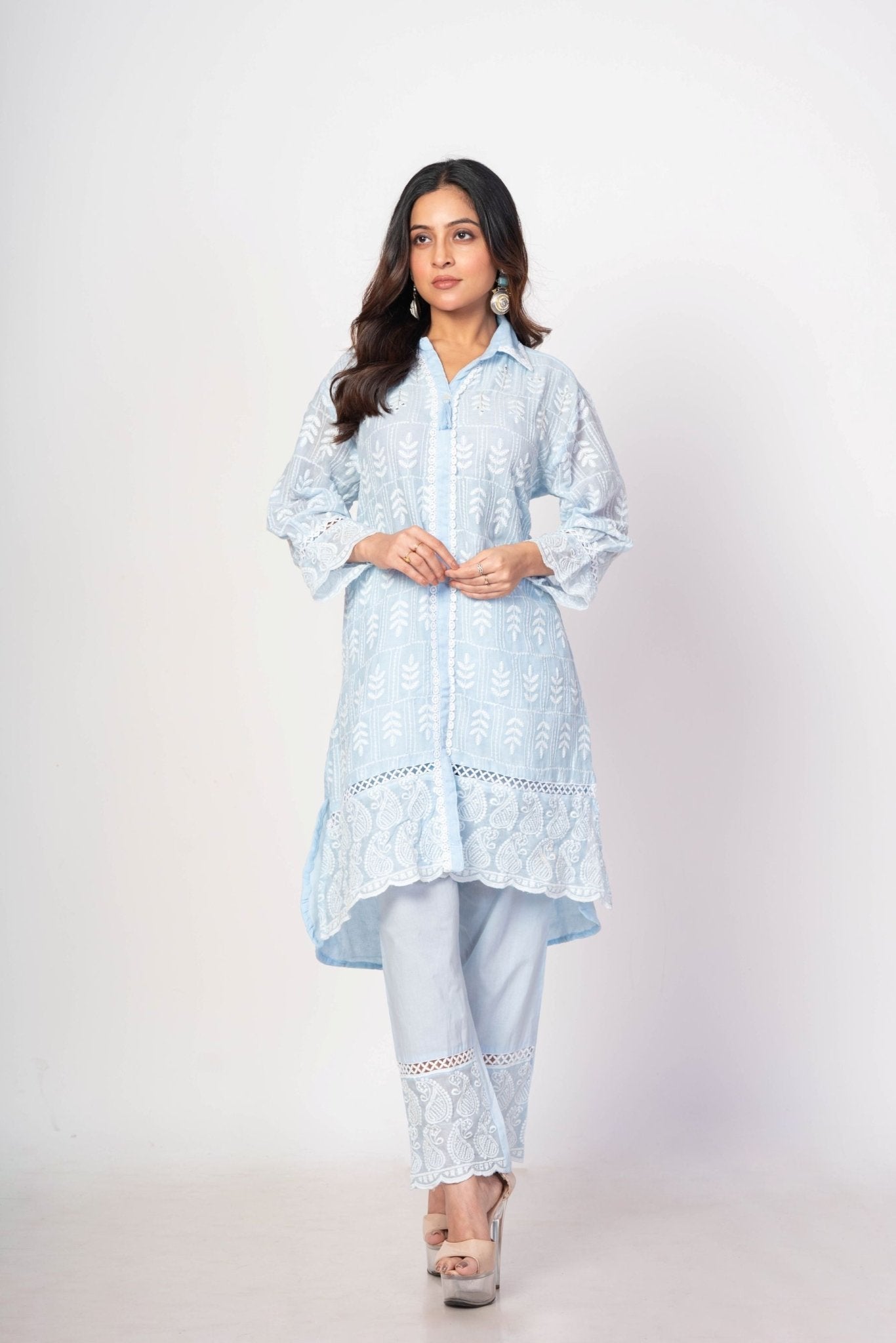 Light Blue Co - ord Set with White Thread Work - Anvi Couture