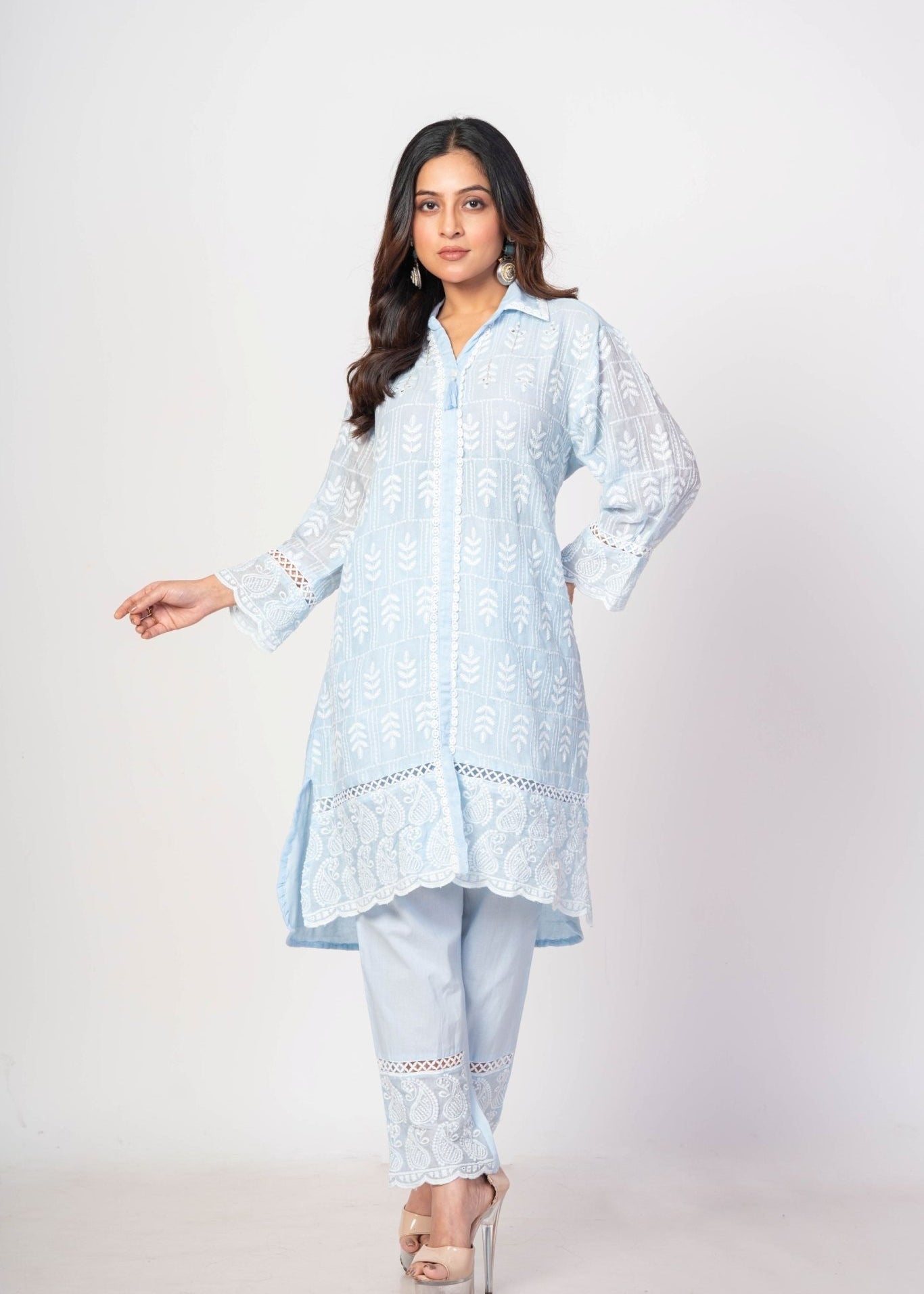 Light Blue Co - ord Set with White Thread Work - Anvi Couture