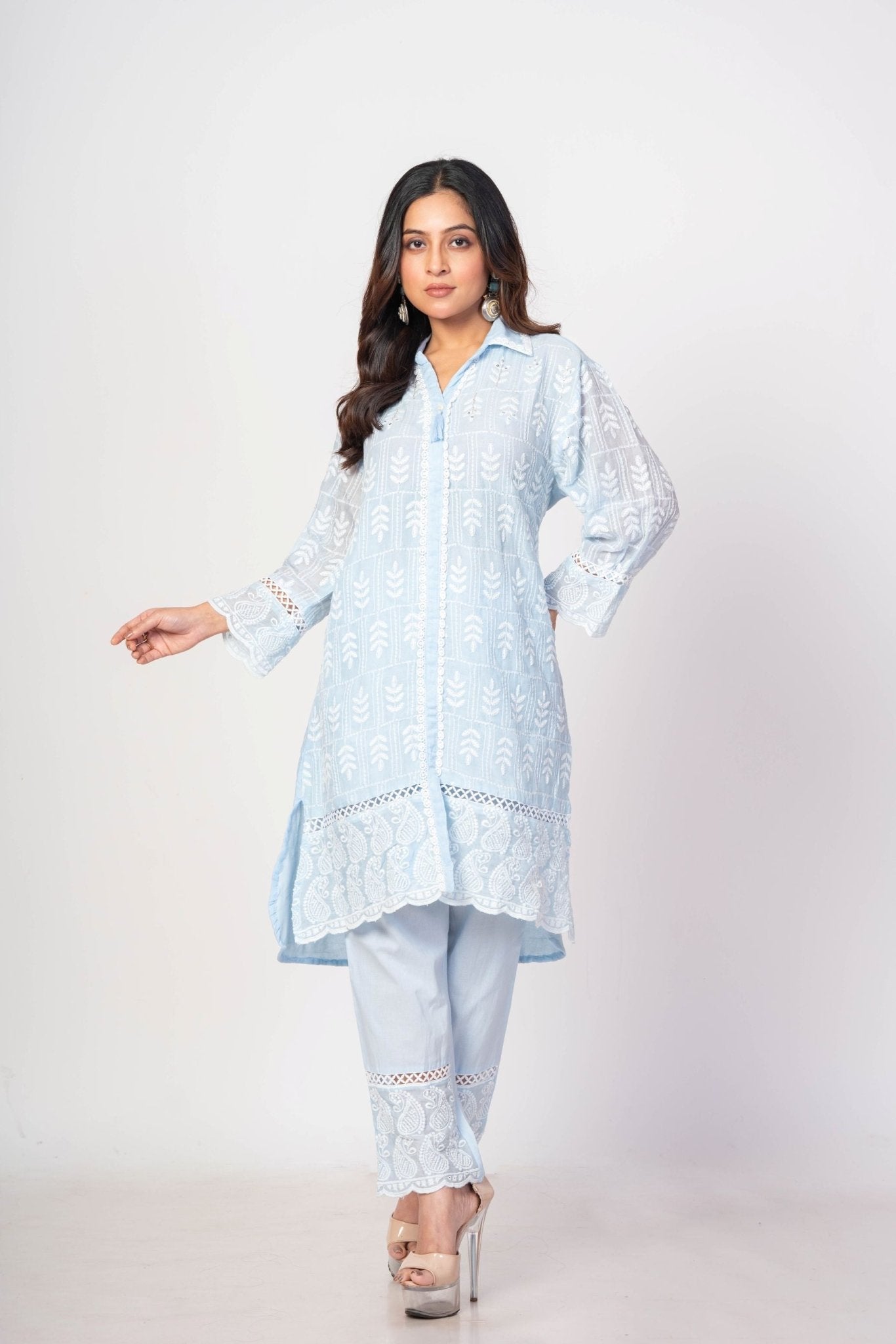 Light Blue Co - ord Set with White Thread Work - Anvi Couture