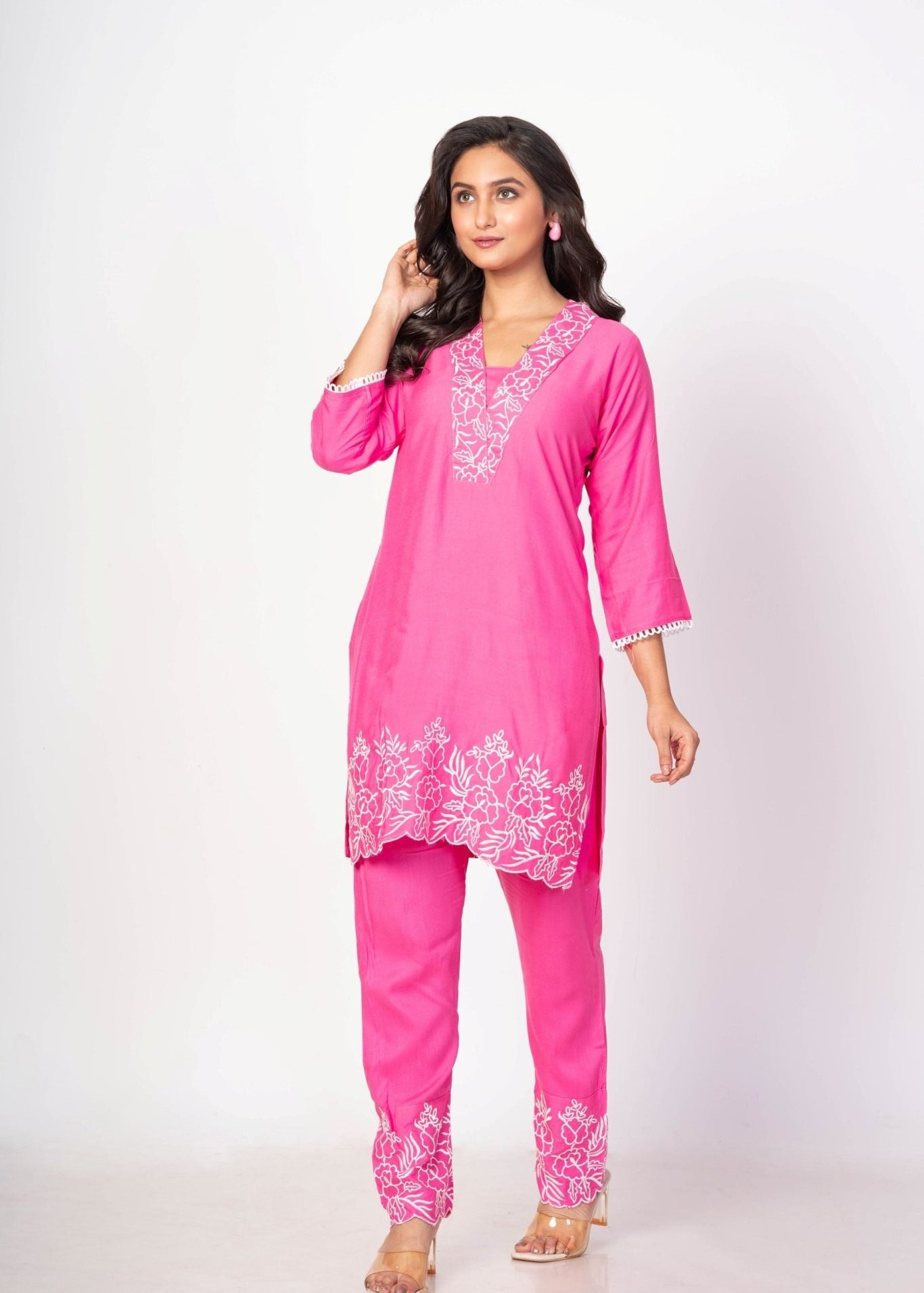 Pink Co - Ord Set With Embroidered Work - Anvi Couture