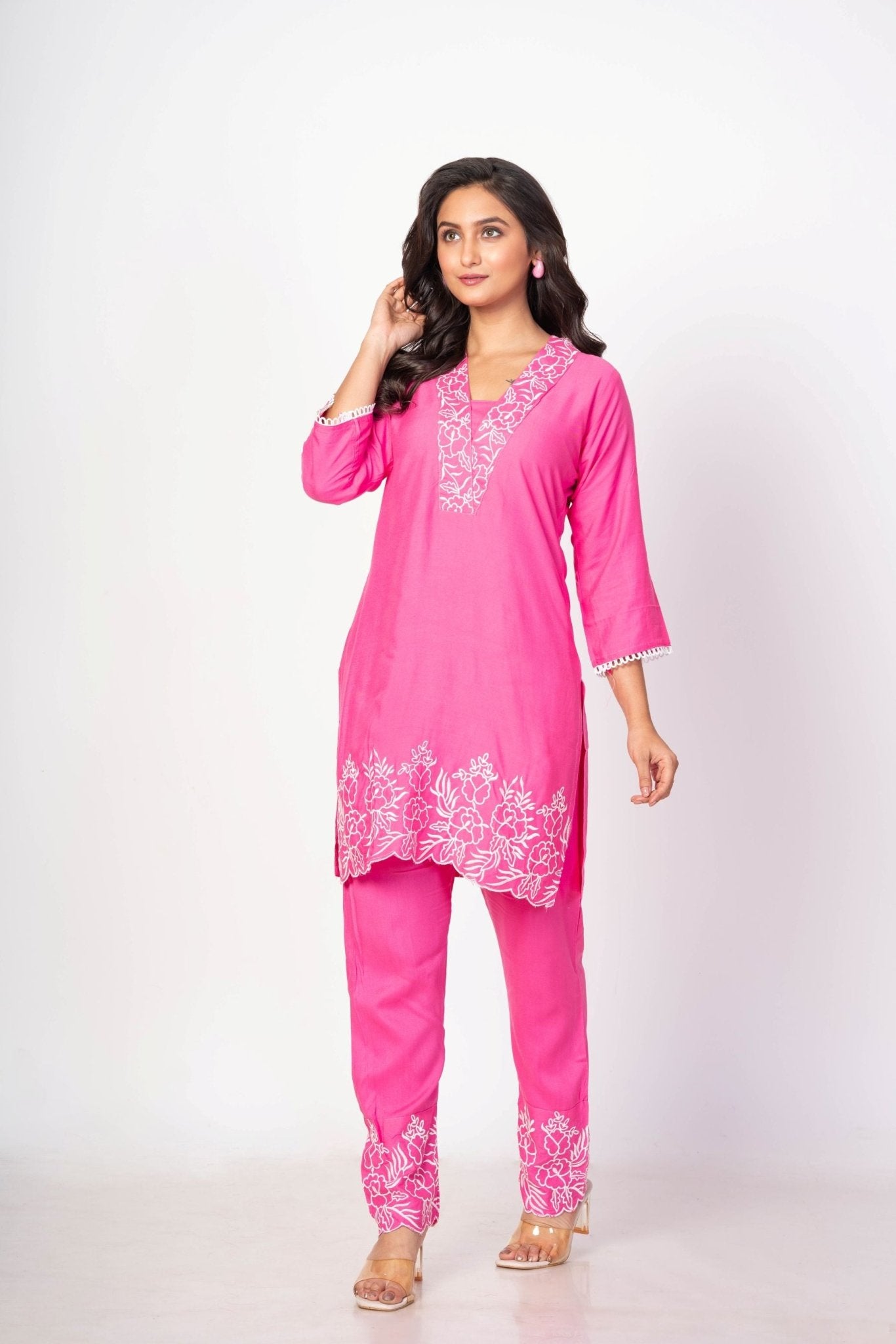 Pink Co - Ord Set With Embroidered Work - Anvi Couture
