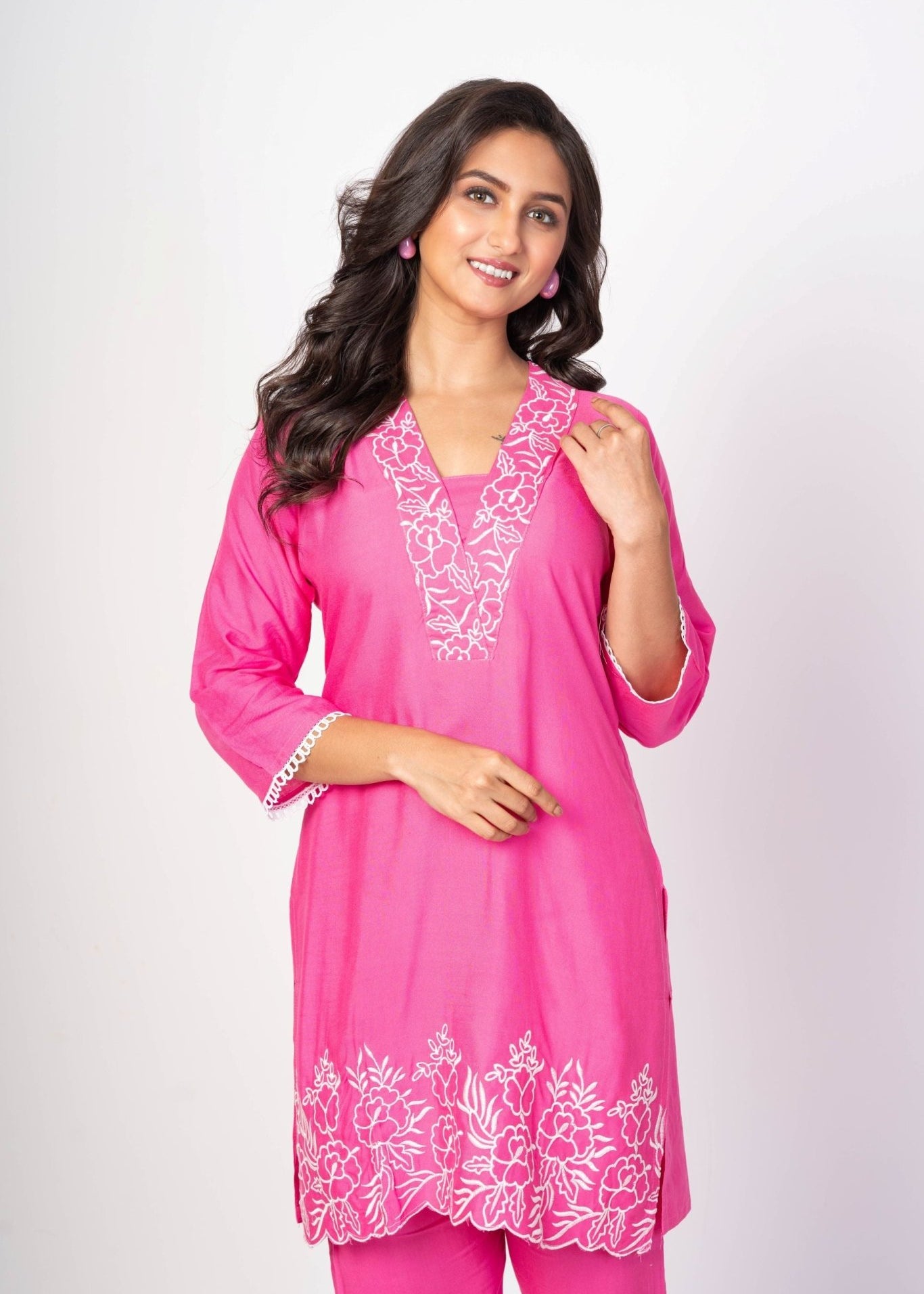 Pink Co - Ord Set With Embroidered Work - Anvi Couture