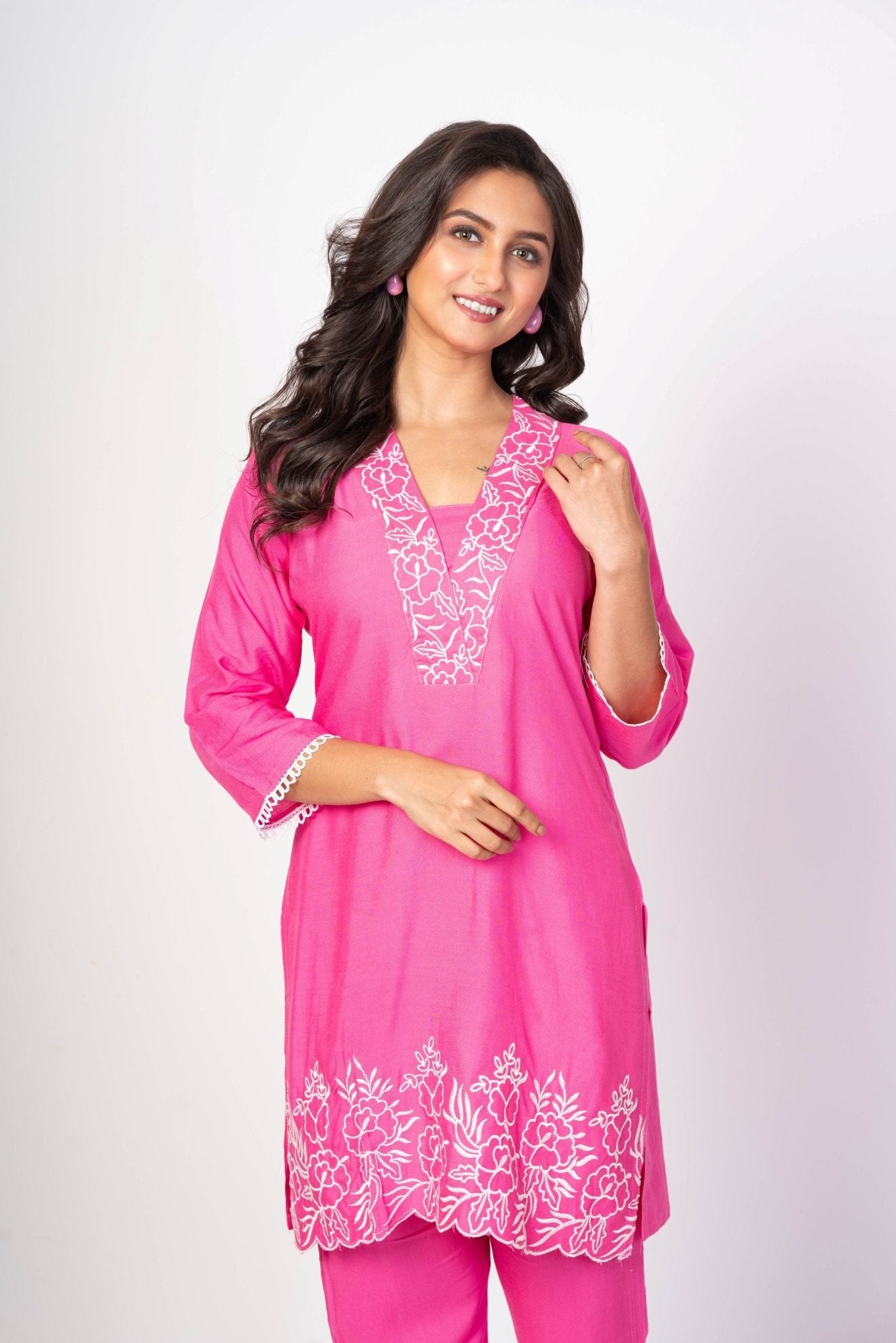 Pink Co - Ord Set With Embroidered Work - Anvi Couture