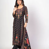 Black Printed Silk Kurti Set with Embroidered Work and Dupatta - Anvi Couture