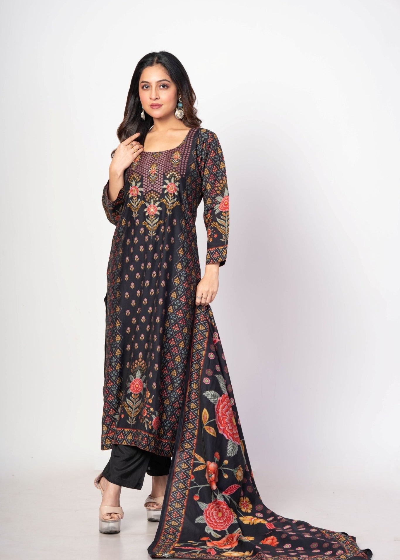 Black Printed Silk Kurti Set with Embroidered Work and Dupatta - Anvi Couture