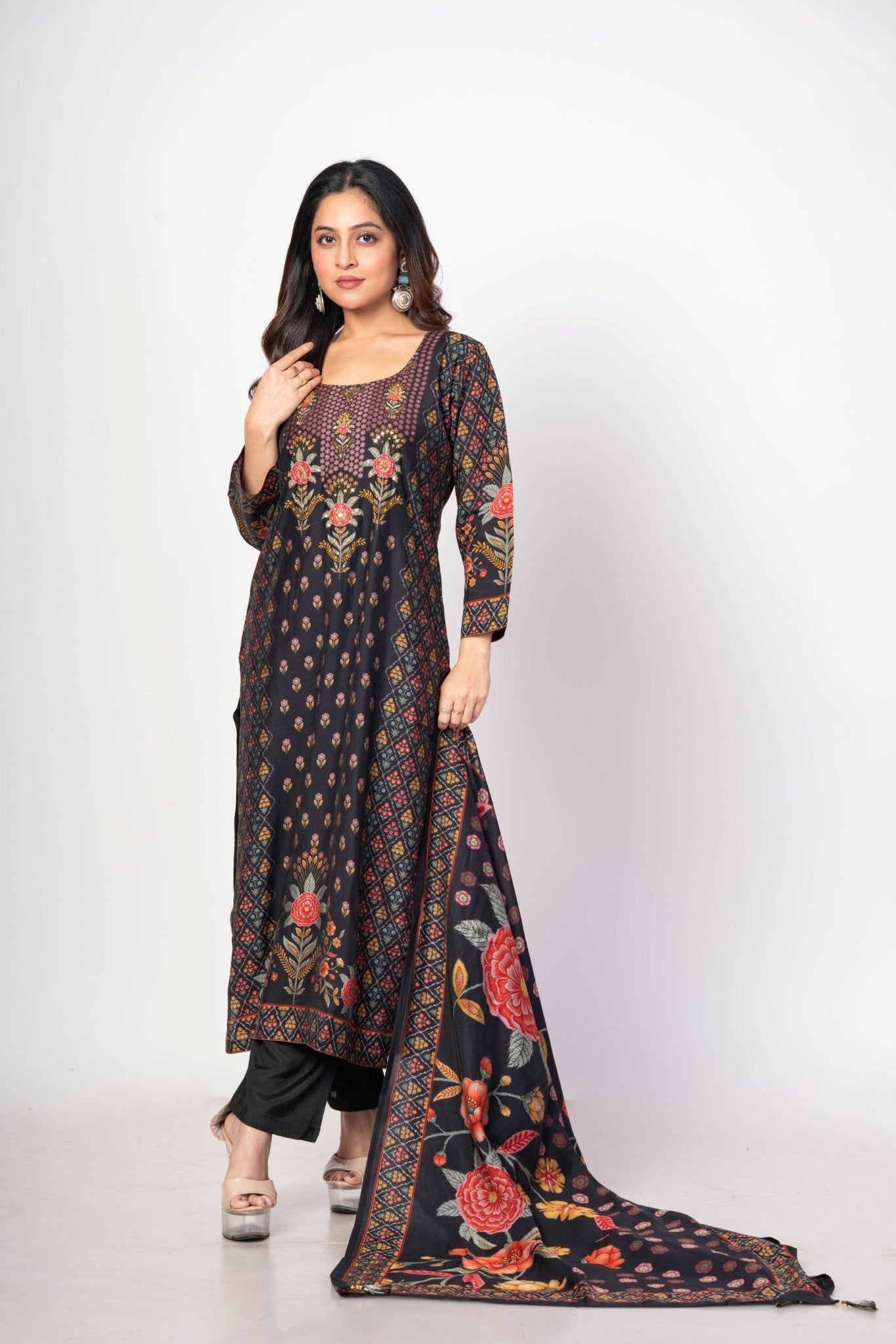 Black Printed Silk Kurti Set with Embroidered Work and Dupatta - Anvi Couture
