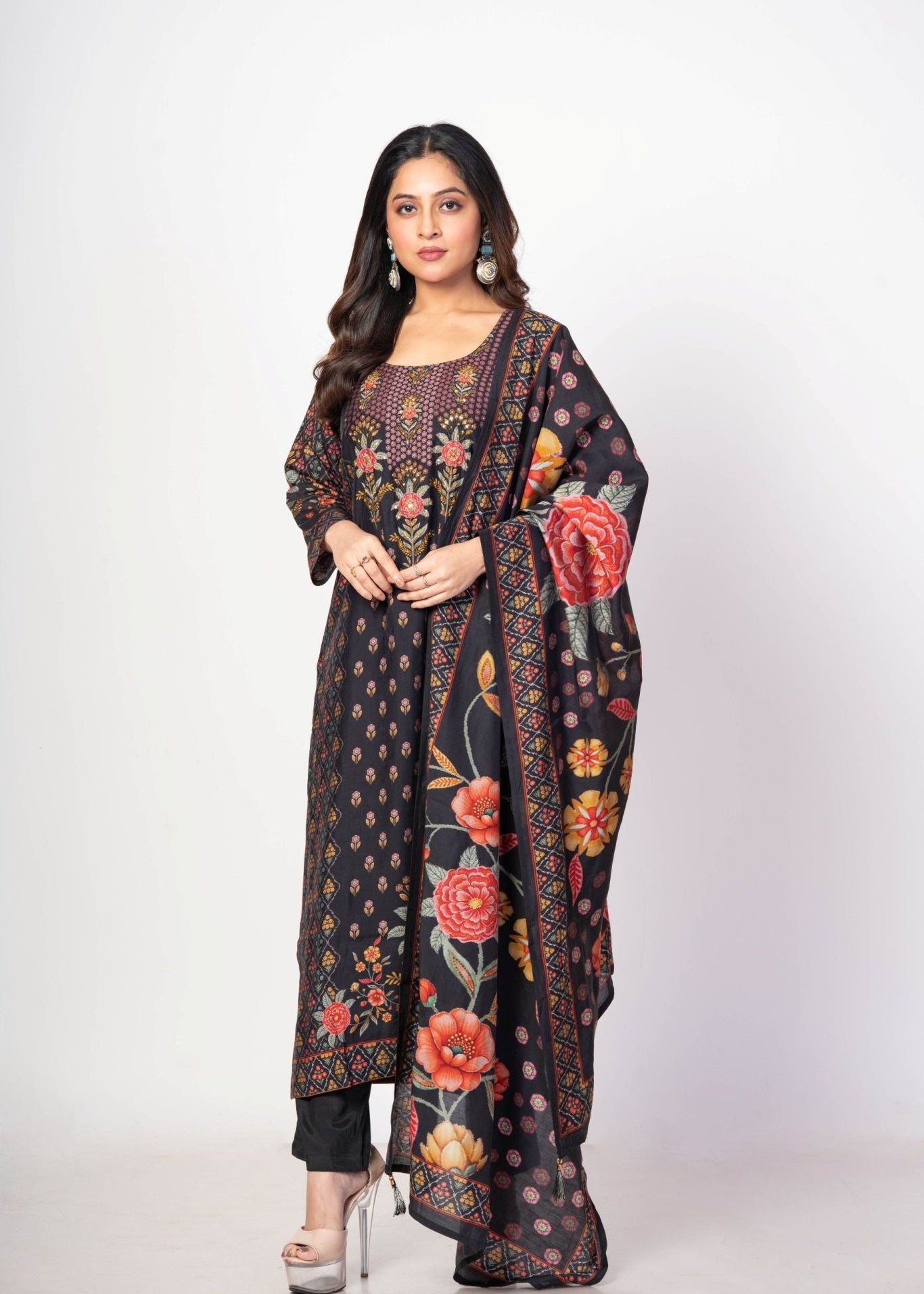 Black Printed Silk Kurti Set with Embroidered Work and Dupatta - Anvi Couture