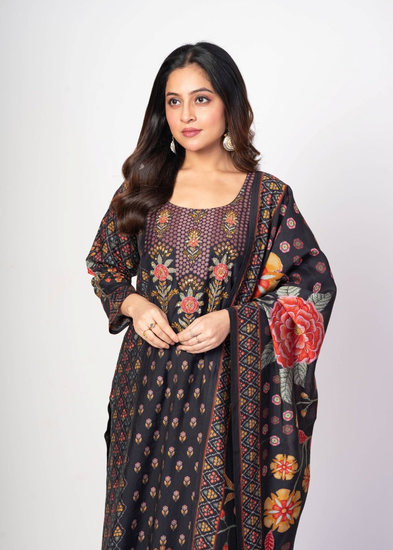 Black Printed Silk Kurti Set with Embroidered Work and Dupatta - Anvi Couture