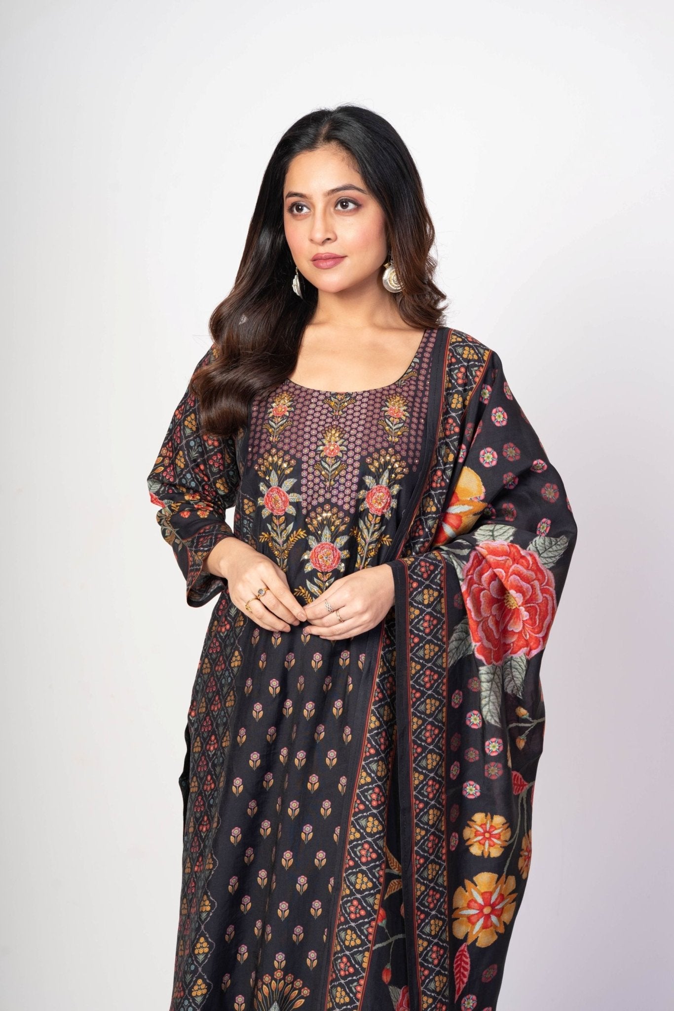 Black Printed Silk Kurti Set with Embroidered Work and Dupatta - Anvi Couture