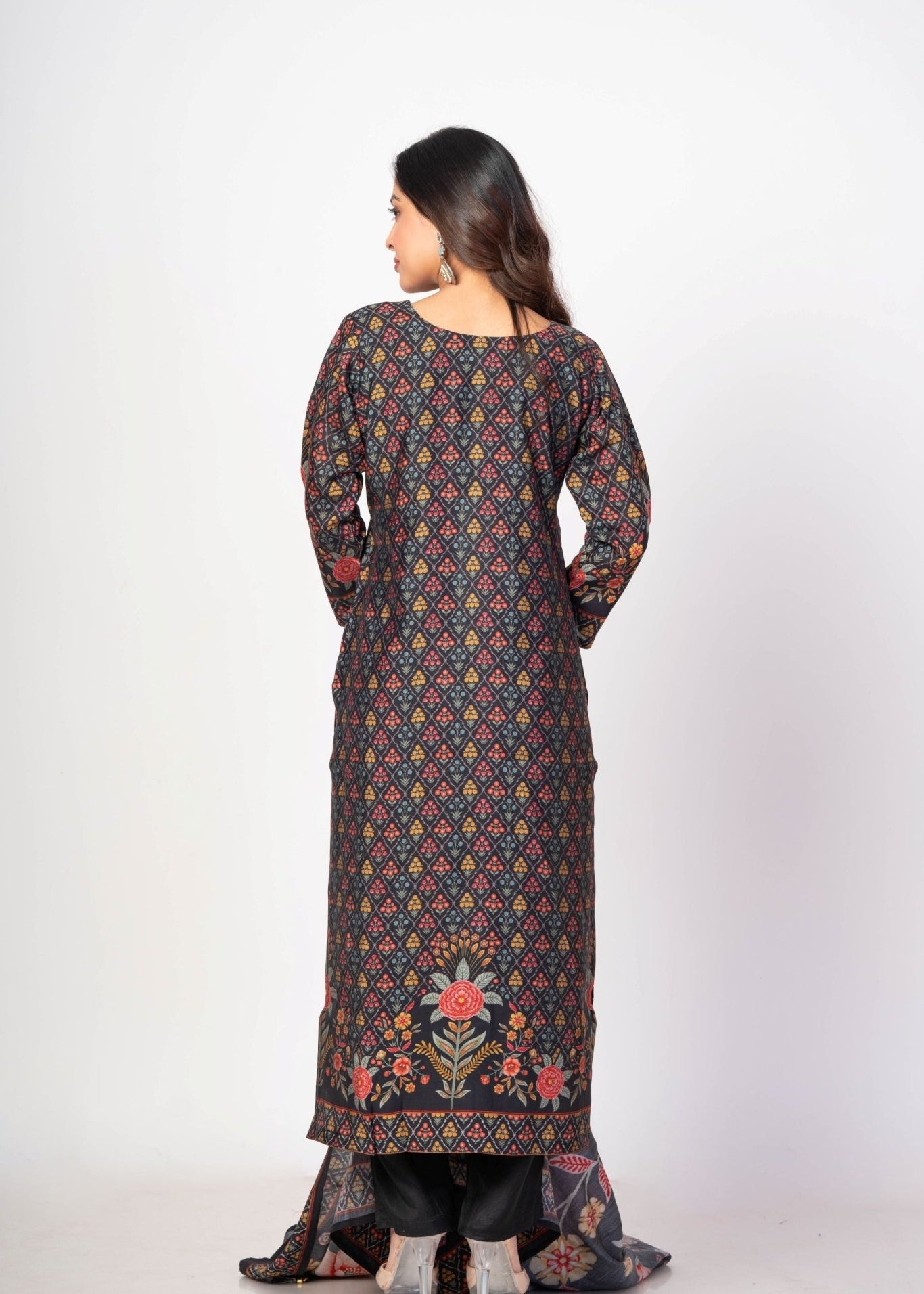Black Printed Silk Kurti Set with Embroidered Work and Dupatta - Anvi Couture