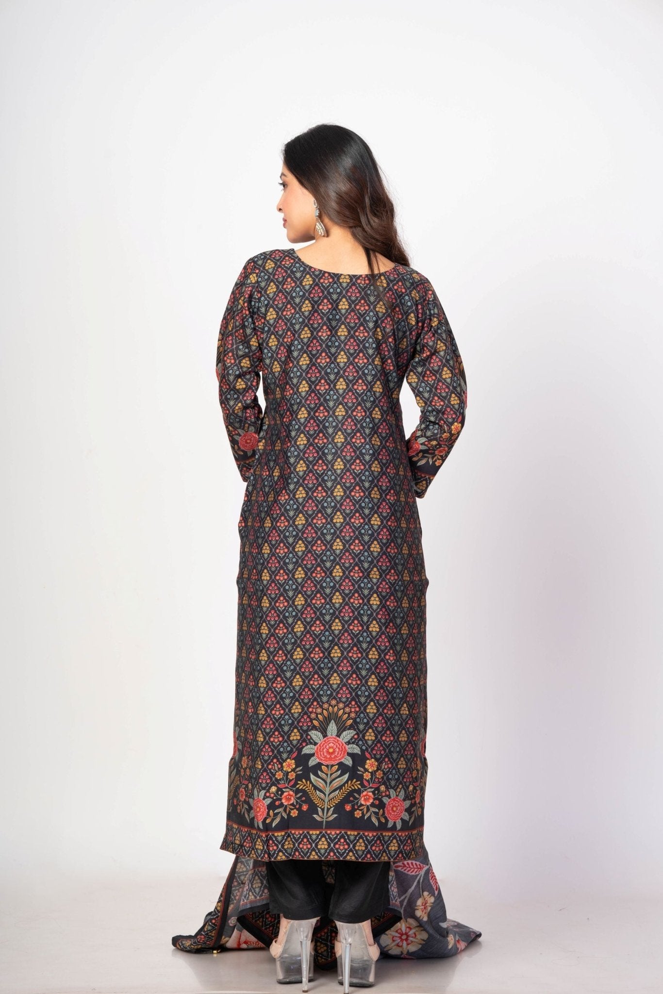 Black Printed Silk Kurti Set with Embroidered Work and Dupatta - Anvi Couture