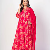 Pink Floral Printed Anarkali Set with Embroidered Work - Anvi Couture