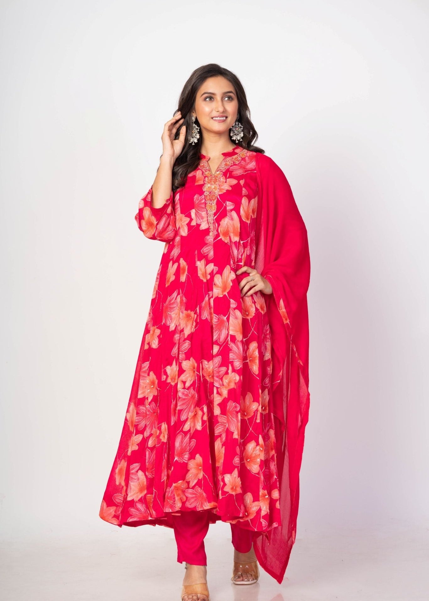 Pink Floral Printed Anarkali Set with Embroidered Work - Anvi Couture