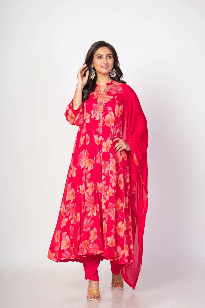 Pink Floral Printed Anarkali Set with Embroidered Work
